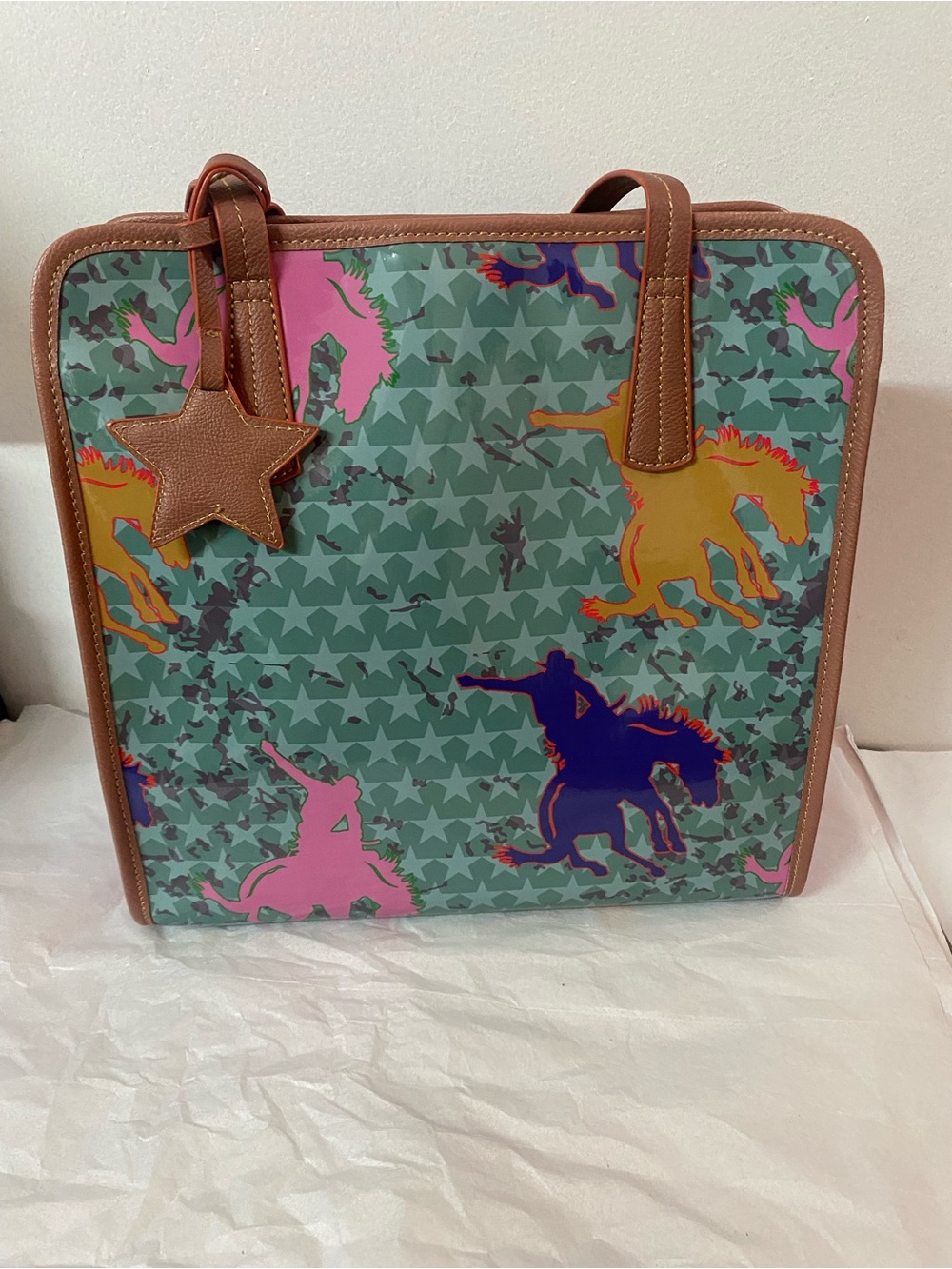 Multicolor Cowboy Horse Print Tote with Brown Trim and Star Charm